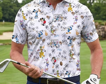 Polo da golf di Topolino e i suoi amici, maglietta da golf Disney, polo hawaiana da golf di Topolino, divertente maglietta da golf Disney, regalo per gli amanti del golf per uomo