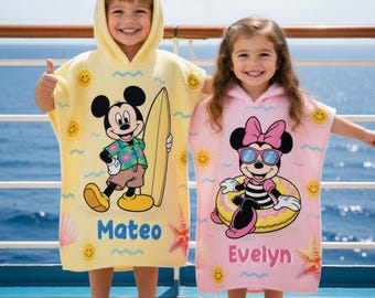 Personalisierte Mickey Minnie Sommer Kind Kapuzenhandtuch, individuelle Name Strand Poncho für Jungen und Mädchen, süßes Sommer Pool Handtuch, süßes Cartoon Badetuch