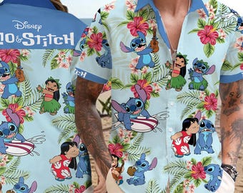 Camisa hawaiana de Lilo y Stitch de Disney, camisa hawaiana de Stitch, camisa playera de Disney, camisa de verano de Stitch, camisa abotonada de Stitch