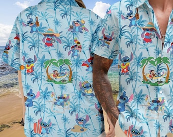Hawaiiaans shirt Lilo and Stitch, Hawaiiaans Stitch-shirt, Disney Beach-shirt, Stitch zomershirt, Disney Stitch Button Up, bijpassend Disney-T-shirt