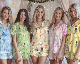 Coquette Bow Disney Princess Satin Pajamas Set,Disney Princess Pajamas, Watercolor Princess Sleepwear, Disney Princess Loungewear