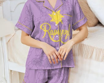 Rapunzel Tangled Satin Pajamas Set, Disney Princess Holiday Pajamas, Coquette Bow Pajamas, Magic Kingdom Pjs