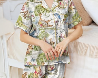 Vintage Winnie The Pooh Satin Pajamas Set, Pooh And Friends Pajamas Set, Honey Pooh Bear Women Pajamas, Vintage Disney Cartoon Loungewear