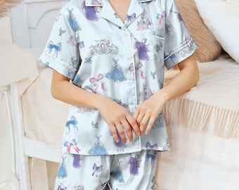 Meet Me At Midnight Cinderella Satin Pajamas Short Set,Watercolor Cinderella Pjs,Cinderella Princess Pajamas,Cinderella Coquette Bow Pajamas