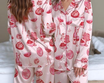 Cocktail Girl Social Club Satin Pajamas Set, Cute Girly Party Pajamas Set, Disco Ball Margarita, Cocktail Bow Loungewear
