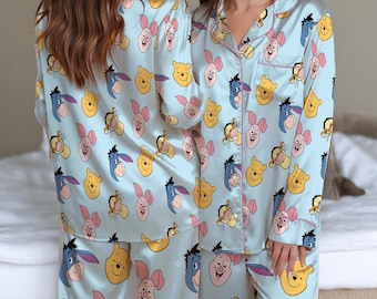 Winnie The Pooh Satin Pajamas Set, Pooh And Friends Pajamas Set, Disney Pooh Co Sleepwear, Disney Cartoon Loungewear