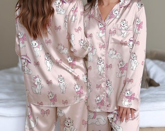 Pijama de satén de la gata Marie de Los Aristogatos de Disney, pijama para niña amante de los gatos, pijama a juego de Disneyland, ropa de dormir femenina de Disney