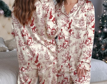 Vintage Christmas Satin Pajamas Set, Xmas Christmas Pajamas Set, Christmas Matching Pajamas, Christmas Loungewear