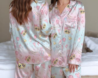 Pijama de satén con lazo Disney Coquette, pijama para mujer Magical Castle, pijama de Minnie Mouse, pijama a juego de Disneyland, pijamas Disney para niñas