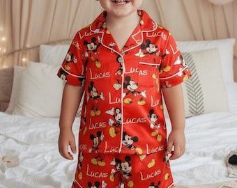 Custom Name Mickey Satin Pajamas Set, Personalized kids name Sleepwear, Disney Matching Pajamas, Disney Sleepwear, Mickey Mouse Pajamas