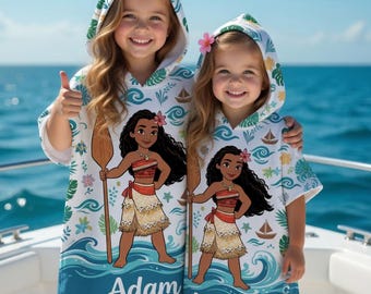 Personalized Moana Hooded Towel for Kids - Custom Name Beach Poncho Towel, Moana Birthday Gift for Boys Girls
