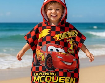 Disney Cars Hooded Towel for Kids, Lightning McQueen Bath Poncho, Personalized Beach Towel with Custom Name, Cartoon Swim Cover Up Gift