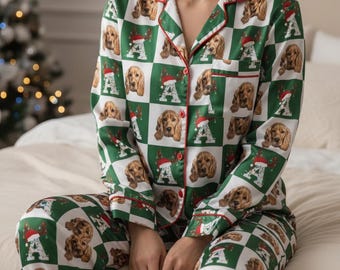 Anpassat julpyjamasset med husdjursansikte i satin, personliga fotopyjamasar, anpassade sovkläder med initialer och namn, matchande julpyjamasar för hela familjen