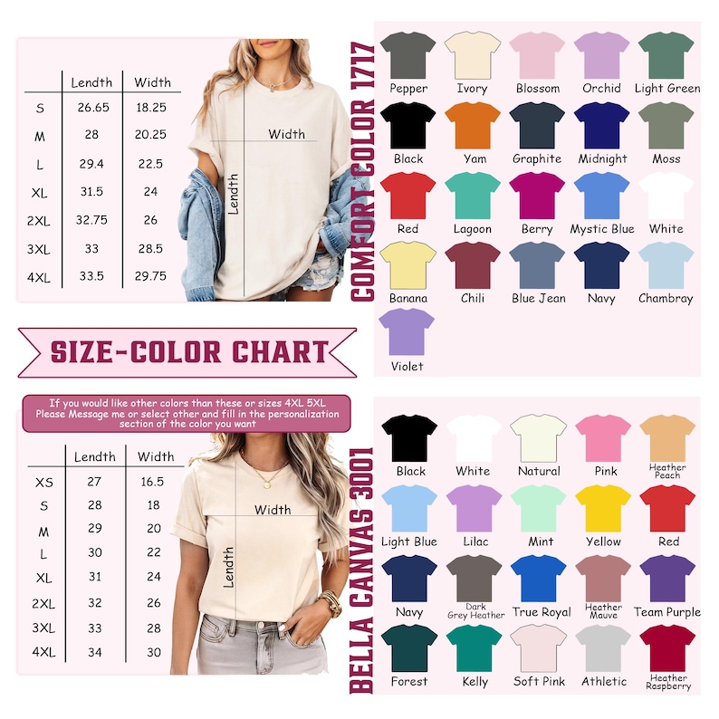 May include: A size and color chart for t-shirts, featuring measurements in inches and a color palette. The chart includes Comfort Colors 1717 and Bella Canvas 3001 styles, with a variety of colors like black, white, and navy.