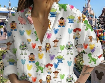 Toy Story Character Blouse Shirt, Woody Buzz Lightyear Jessie Print Top, Disney Friends Women Button Up, Disneyland Trip Outfit