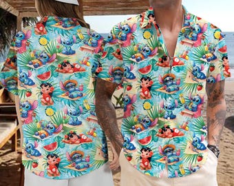 Camisa hawaiana de Lilo y Stitch, camisa hawaiana de Disney con acuarela, camisa hawaiana de Stitch, camisa de verano de Stitch, camisa de viaje a Disneylandia 2025