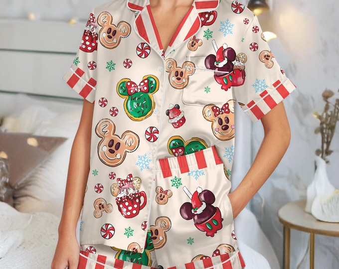Disney Snacks Christmas Satin Pajamas Set, Mickey Candy Christmas Pajamas, Disneyland Matching Pajamas, Girly Disney Sleepwear