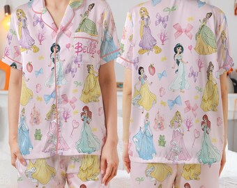 Personalized Watercolor Princess Satin Pajamas Short Set,  Custom Name Dissney Princess Pjs, Coquette Bow Princess Pjs, Party Pajamas Family