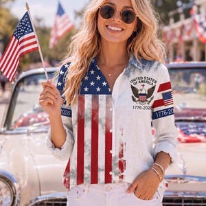 USA 250th Anniversary Blouse, Patriotic US Eagle Shirt, 1776-2026 American Flag Button Up, Sestercentennial Linen Top, 4th of July Gift