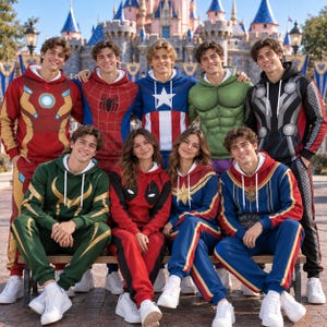 Può includere: Un gruppo di nove persone che indossano varie felpe con cappuccio e pantaloni della tuta abbinati a tema supereroi Marvel, inclusi design ispirati a Iron Man, Spider-Man, Captain America, Hulk, Thor, Loki, Deadpool, Captain Marvel e Doctor Strange.