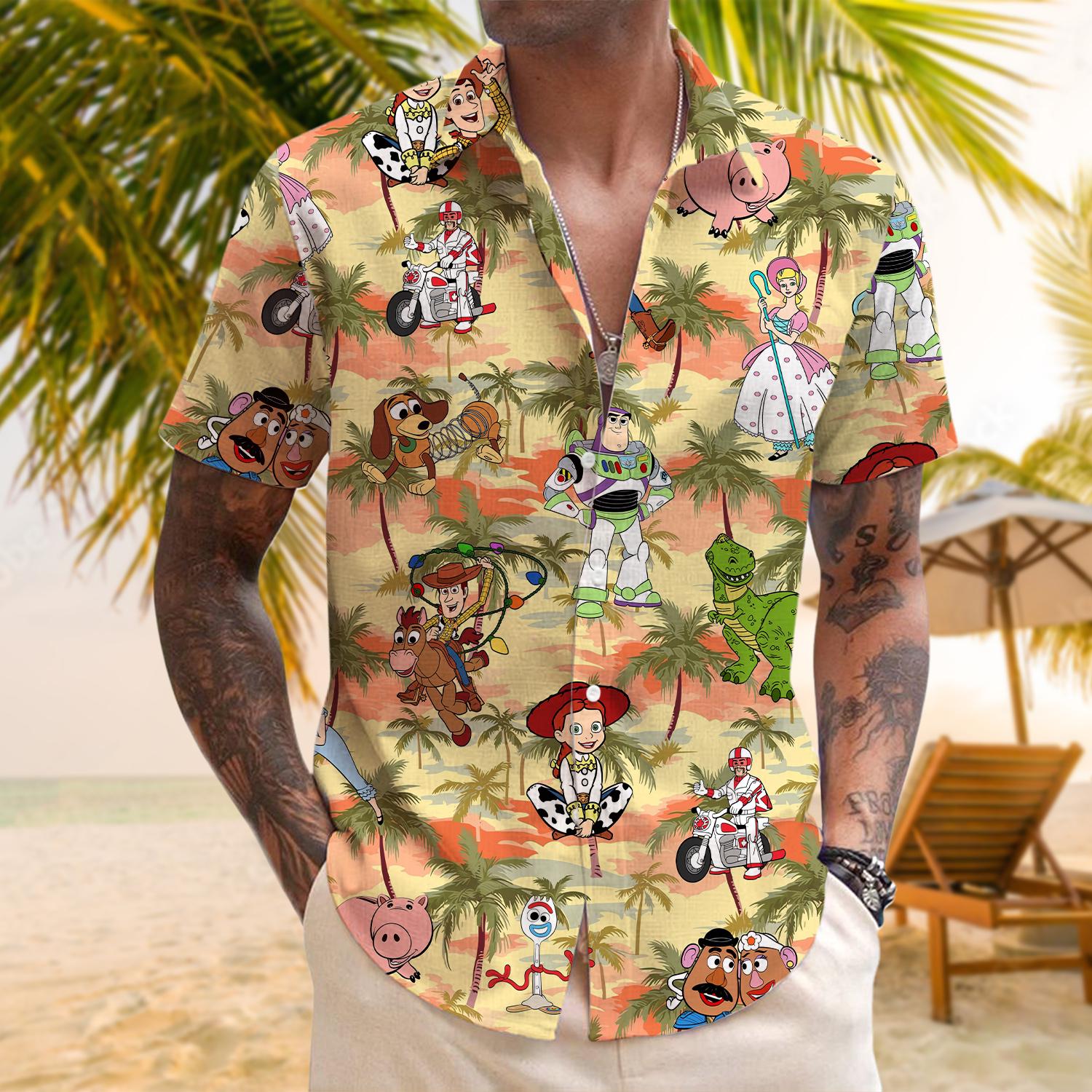 Discover Toy Story Characters Hawaiian Shirt, Disney Toy Story Shirt, Toy Story Button Up, Disney Palm Tree Shirt, Disney Summer Tee