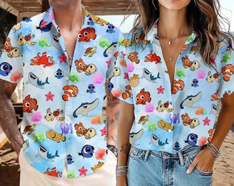 Hitta Nemo Hawaiiskjorta, Disney akvarell Hawaiiskjorta, Hitta Dory skjorta med knappar, Disney sommarskjorta, Disneyland semesterskjorta