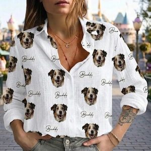 Blusa abotonada con cara de perro personalizada, ropa con retrato de mascota personalizado, regalo para amantes de los perros, moda animal única