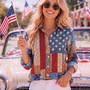 Retro Patriotic Patchwork Blouse, Americana Stars and Stripes Button Down Shirt, 4th of July Women Top, Vintage USA Fashion