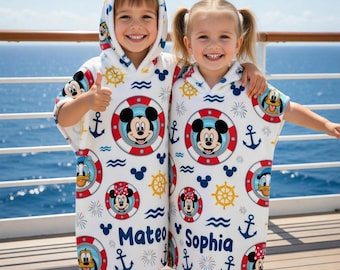 Personalized Mickey and Friends Nautical Hooded Towel, Custom Disney Cruise Kids Towel, Custom Name Toddler Beach Cover Up, Gift for kids