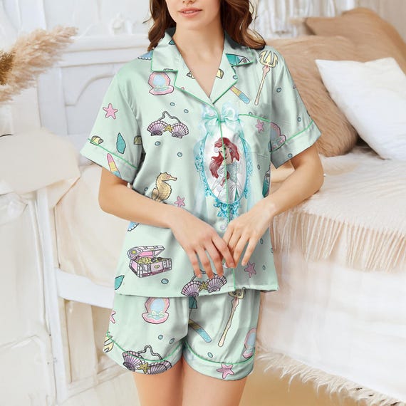 Ariel Mermaid Satin Pajama Set, Disney Princess Silk Pajamas, Little Mermaid Sleepwear for Girls