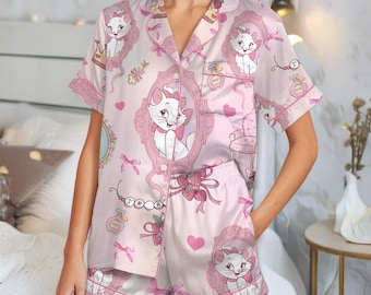 Coquette Bow Marie Cat Satin Pajamas Set, Marie The Aristocats Pijama Set, Disneyland Matching Pajamas, Girly Disney Sleepwear