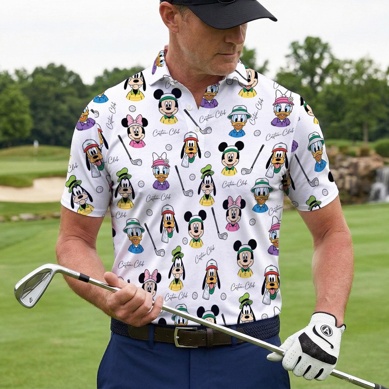 Discover Disney Mickey and Friends Golf Polo Shirt, Mickey Minnie Donald Daisy Goofy Golf Shirt, Cartoon Disney Golfer Polo, Funny Golf Pattern Shirt