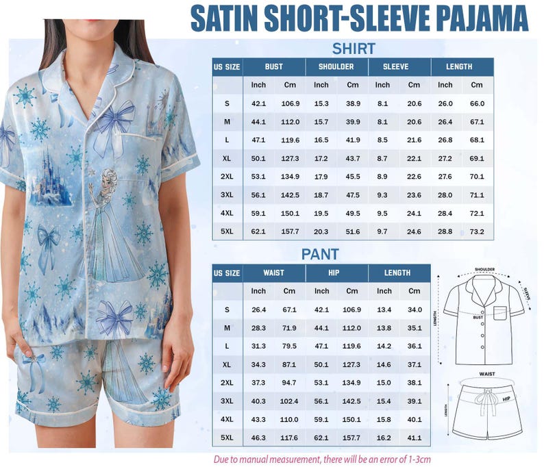 May include: Light blue satin short-sleeve pajama set featuring a print of a castle, snowflakes, and bows. The set includes a button-down shirt and shorts. Measurements are provided in inches and centimeters.