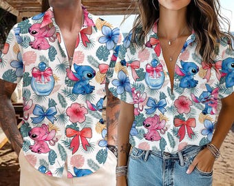 Camisa hawaiana Stitch y ángel, camisa hawaiana Disney Coquette, camisa hawaiana Stitch, camisa de verano Stitch, camisa de pareja Stitch