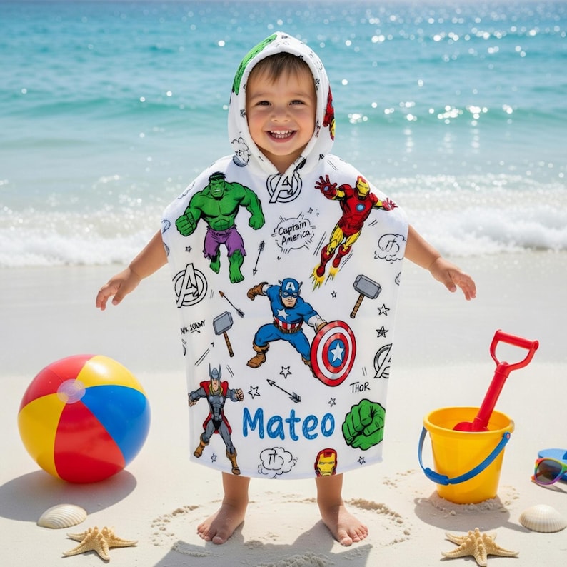 Personalized Marvel Superhero Kids Hooded Towel, Custom Name Beach Poncho, Avengers Spiderman Hulk Bath Towel, Boys Summer Gift image 1