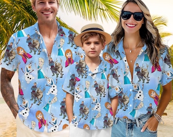 Camicia hawaiana Disney Frozen, camicia acquerello Disney, camicia con bottoni Frozen, camicia con personaggi Frozen, camicia estiva Disney, maglietta hawaiana principessa