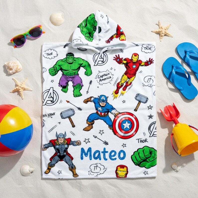 Personalized Marvel Superhero Kids Hooded Towel, Custom Name Beach Poncho, Avengers Spiderman Hulk Bath Towel, Boys Summer Gift image 2