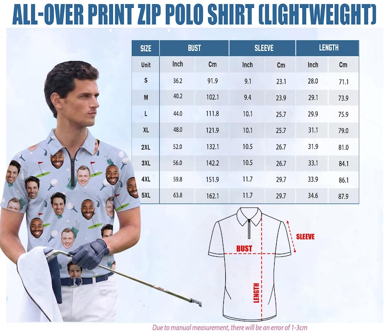 Pu&ograve; includere: Polo con zip e stampa integrale azzurra, a tema golf. La maglia presenta un motivo di volti e grafiche legate al golf. Le misure sono espresse in cm. Il colletto &egrave; con zip.