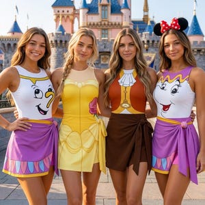 Puede incluir: Cuatro vestidos sin mangas con diseños inspirados en personajes: un vestido blanco y morado estilo Chip, un vestido amarillo inspirado en Bella con una rosa, un vestido marrón y naranja estilo Din Don, y un vestido blanco y morado estilo Sra. Potts.