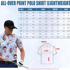 Pu&ograve; includere: Polo azzurro chiaro con un motivo ripetuto di facce sorridenti e grafiche a tema golf. La camicia &egrave; leggera e ha un colletto classico. &Egrave; inclusa una tabella delle taglie con misure in cm.