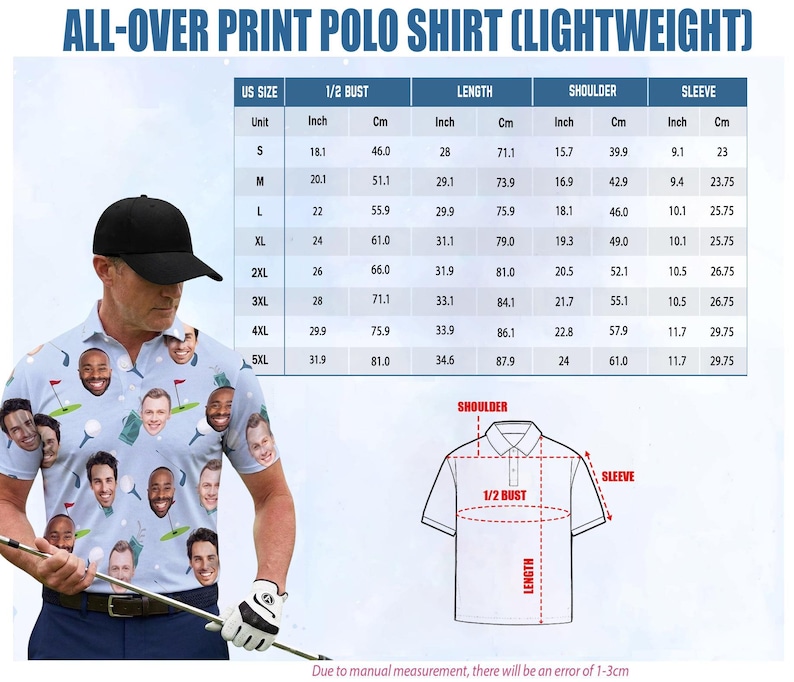 Pu&ograve; includere: Polo azzurro chiaro con un motivo ripetuto di facce sorridenti e grafiche a tema golf. La camicia &egrave; leggera e ha un colletto classico. &Egrave; inclusa una tabella delle taglie con misure in cm.