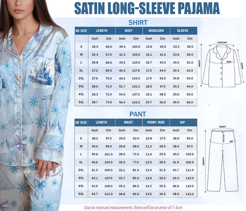May include: Light blue satin long-sleeve pajama set with a winter castle and snowflake pattern. The set includes a button-down shirt and pants. Measurements chart in inches and centimeters is included.
