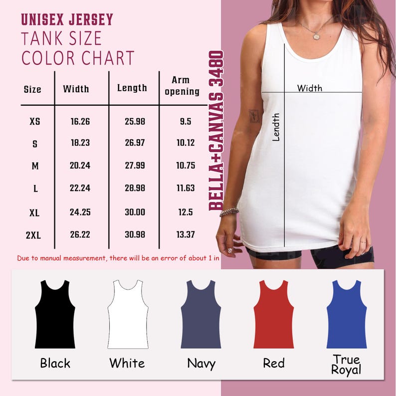 May include: A white unisex jersey tank top with a size chart and color options. The chart displays measurements in inches for width, length, and arm opening. Available colors include black, white, navy, red, and true royal.