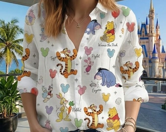 Blusa de Winnie the Pooh, top de botones de Pooh y sus amigos, camisa de mujer con personajes de Disney, atuendo para vacaciones en Disneyland.