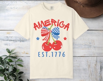 America Cherry Graphic T-Shirt | EST. 1776 Patriotic Comfort Colors Tee