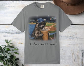 Raccoon at the Ballpark I Live Here Now T-shirt | Baseball Stadium Graphic