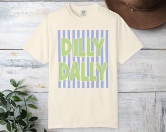 Dilly Dally striped block letters T-shirt | pastel blue green