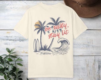 Be Salty Stay Lit beach palm surf sunset T-Shirt | Matthew 5:13-14