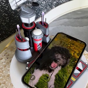 May include: A 3D printed phone stand in the shape of a futuristic building with a gray and red color scheme. The stand has a phone holder and a small platform for charging. A smartphone is placed on the stand, displaying a photo of a black and white puppy.