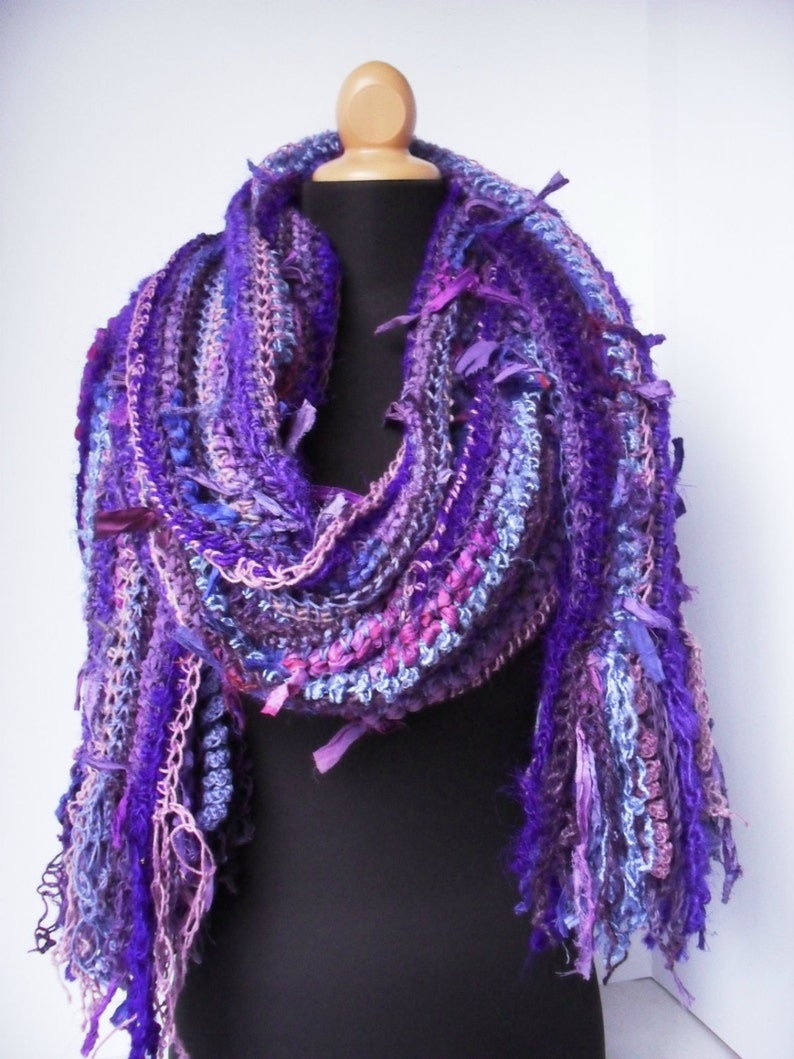Bohemian Rag Scarf Crochet Pattern tutorial, diy sari silk scarf, striped scarf, funky crochet, festival wear image 5